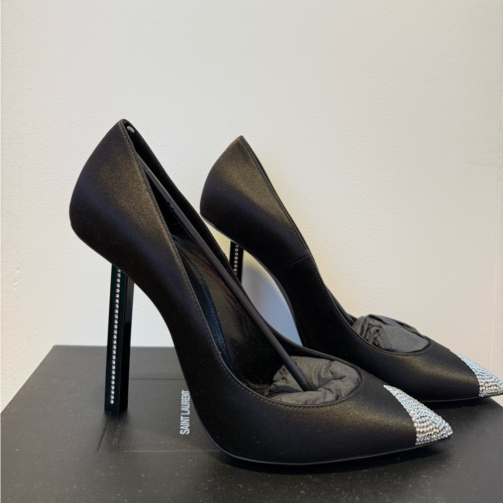 Saint Laurent Tower 110 Strass Black Satin Heels with Crystal Embellishments